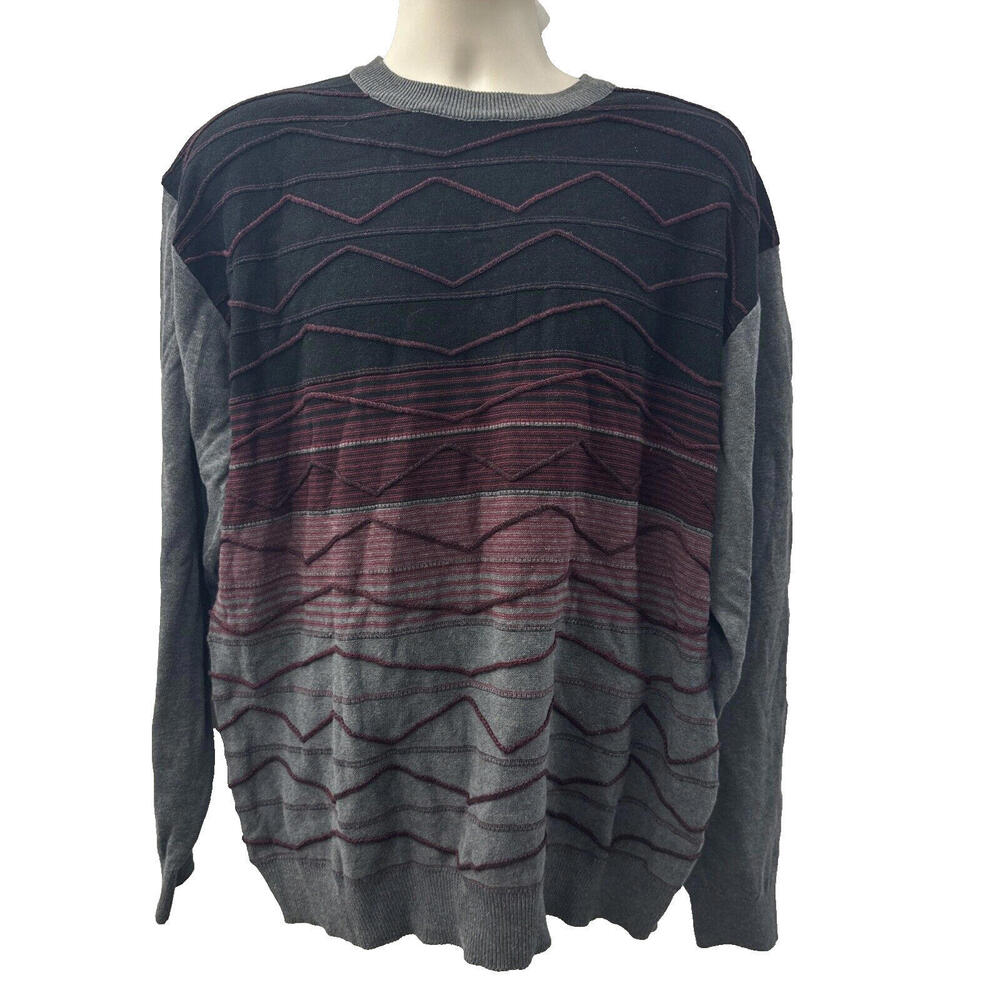 Vintage Peletti Mens Sweater 2XL Pullover 3-D Texture Pattern Gray Black Stretch
